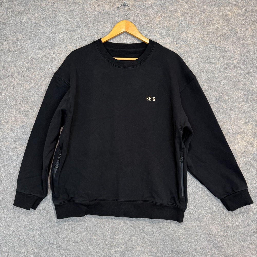 BEIS Sweatshirt Mens Medium Heavyweight Logo Relaxed Side Zip Terry‎ Black